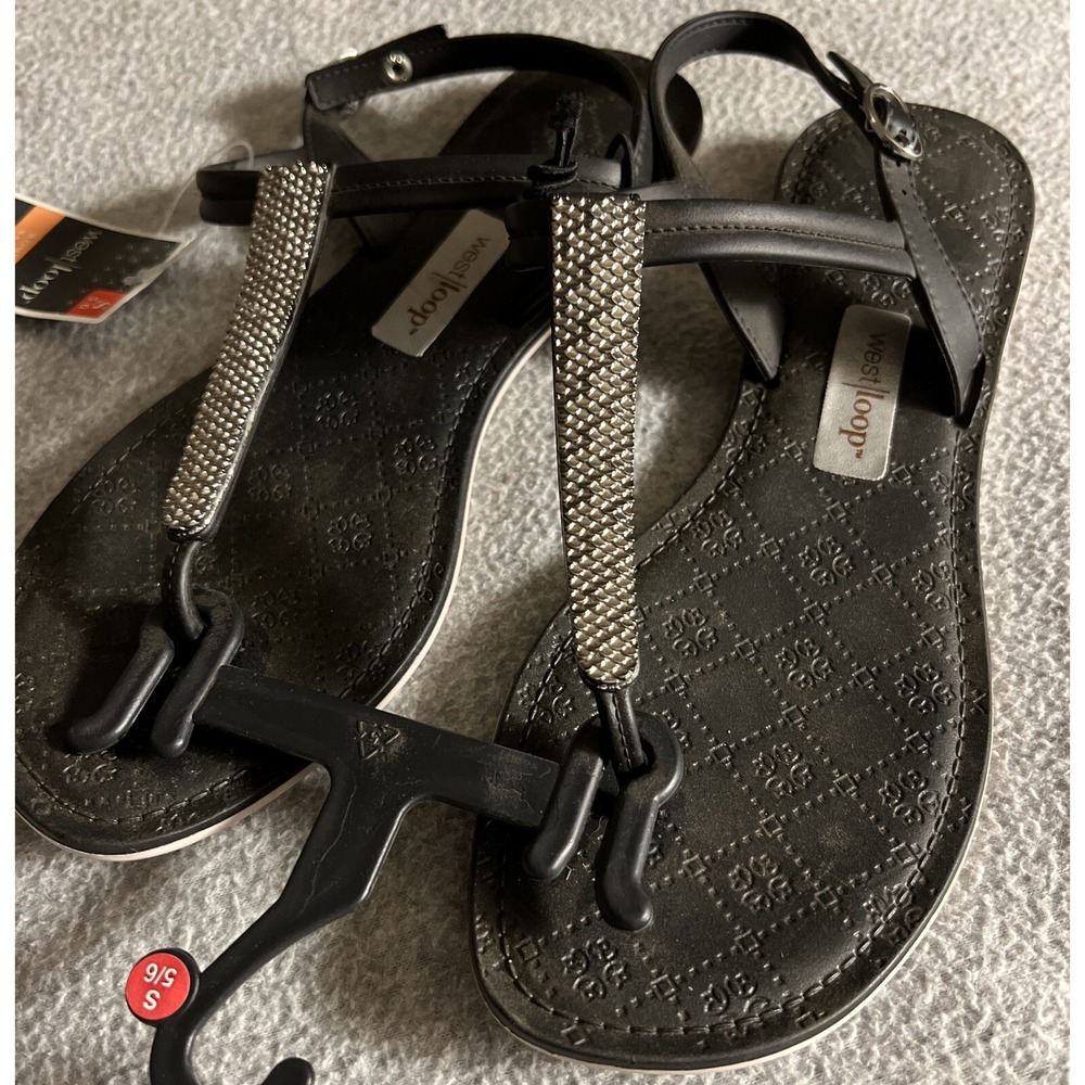 West Loop‎ T-Strap Thong Black Sandals Rhinestones Women's Size SM (5/6)